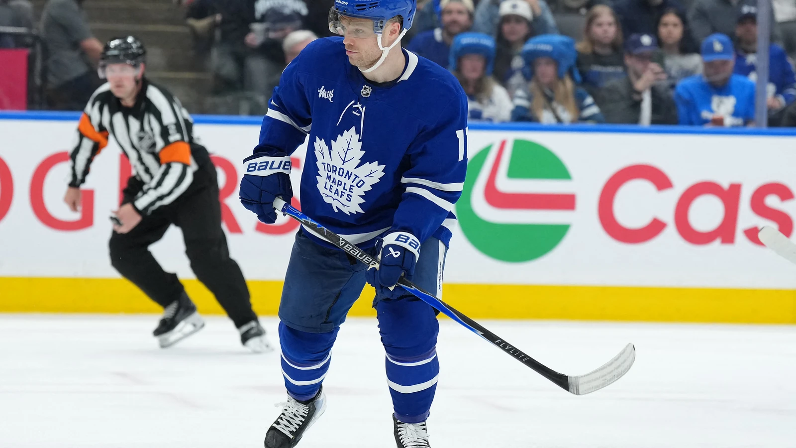 Max Domi follows play for the Toronto Maple Leafs against Dallas on April 13, 2026. File photo.