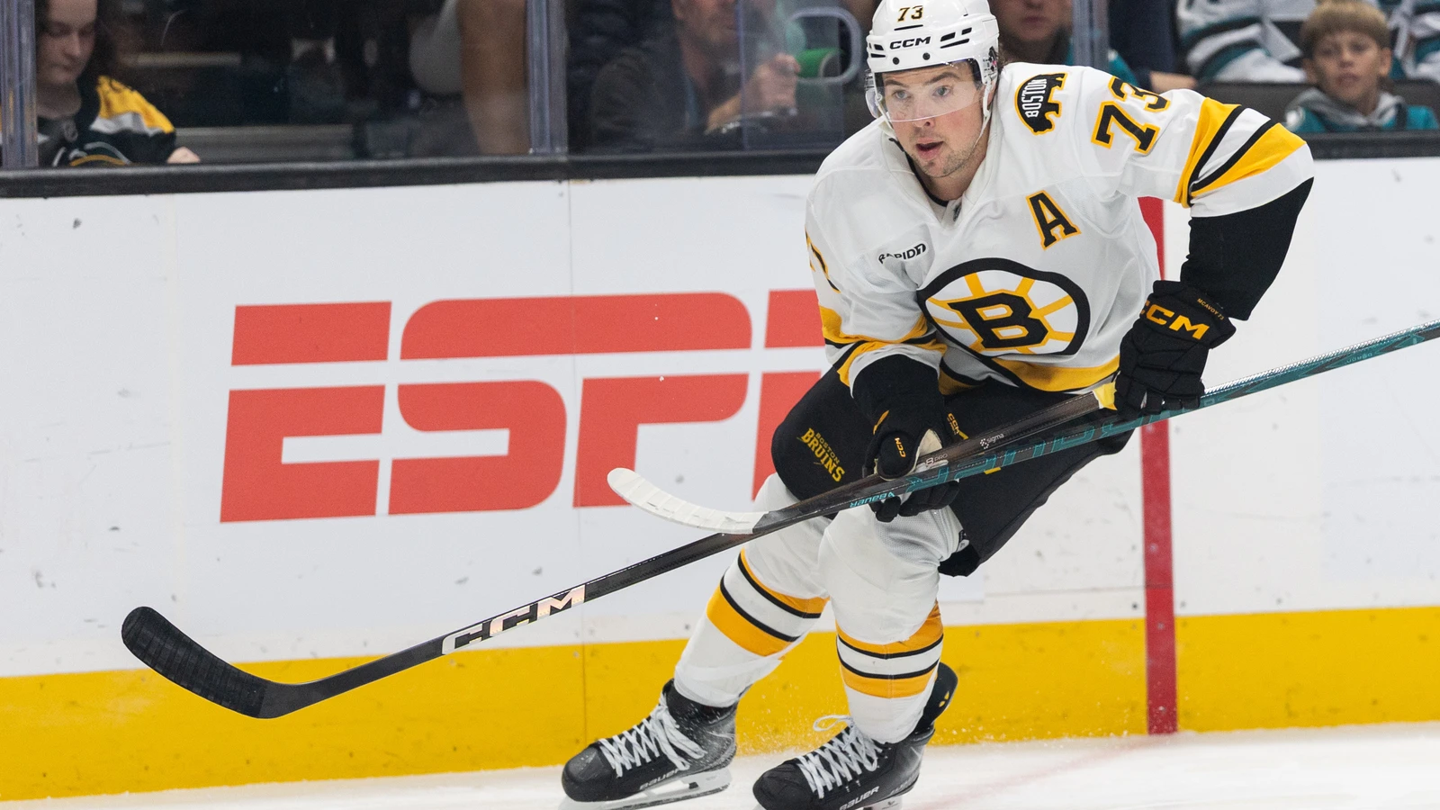 Boston Bruins defenceman Charlie McAvoy controls the puck against the San Jose Sharks at SAP Center.