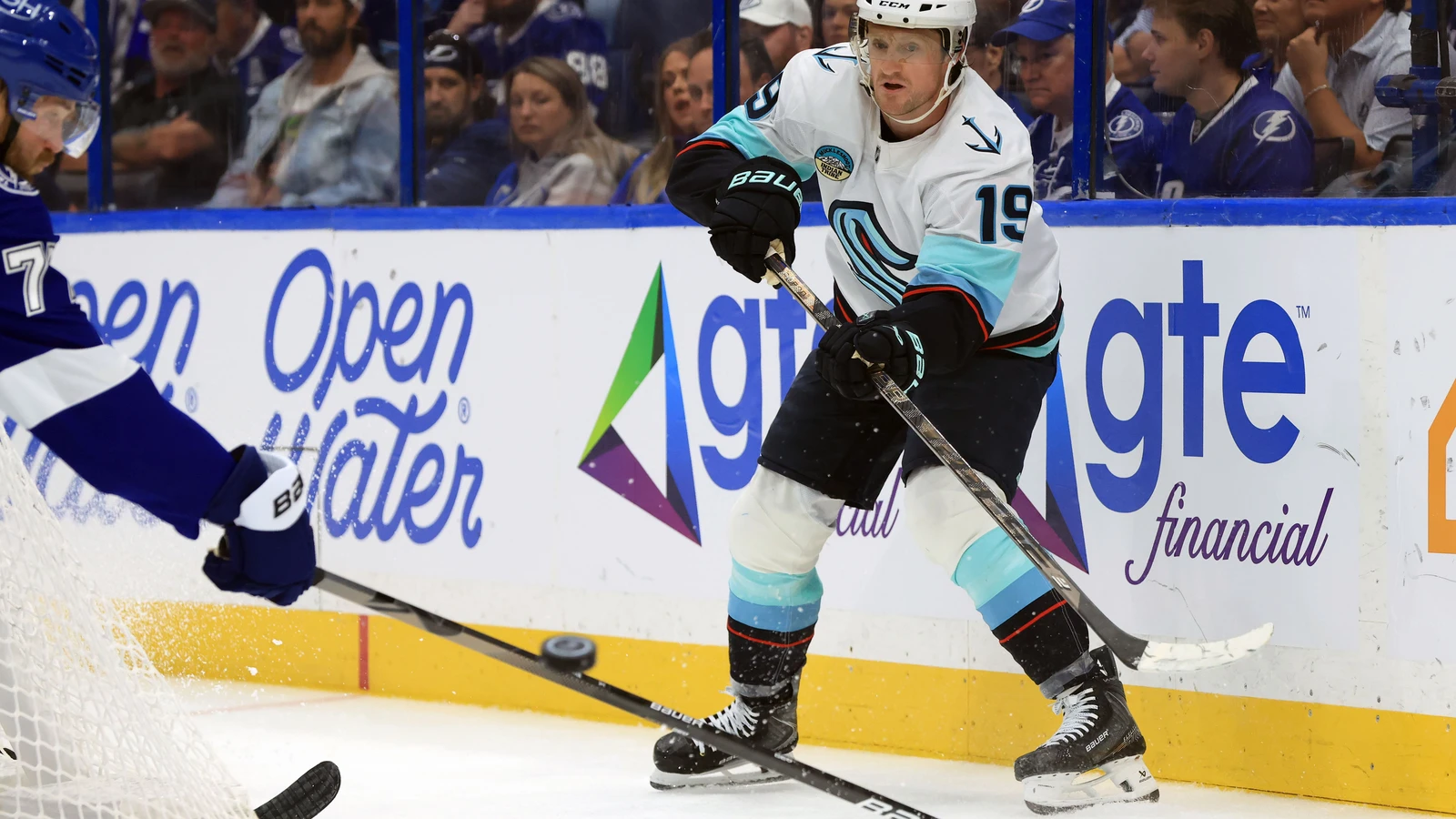 File photo: Seattle Kraken forward Jared McCann passes the puck against the Tampa Bay Lightning.