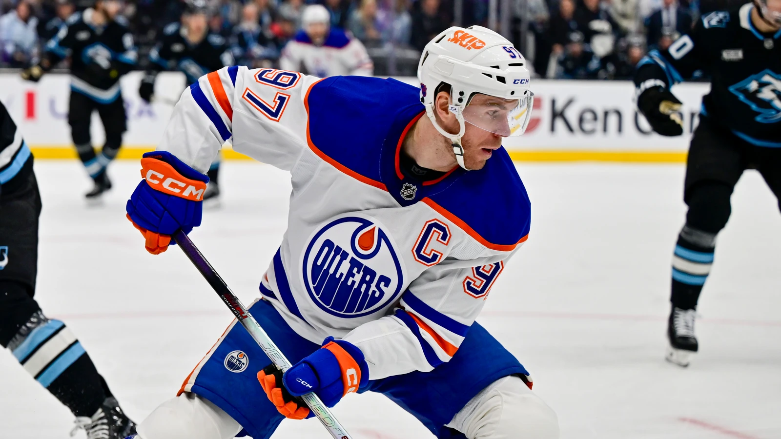 Edmonton Oilers captain Connor McDavid carries the puck against the Utah Mammoth at Delta Center.