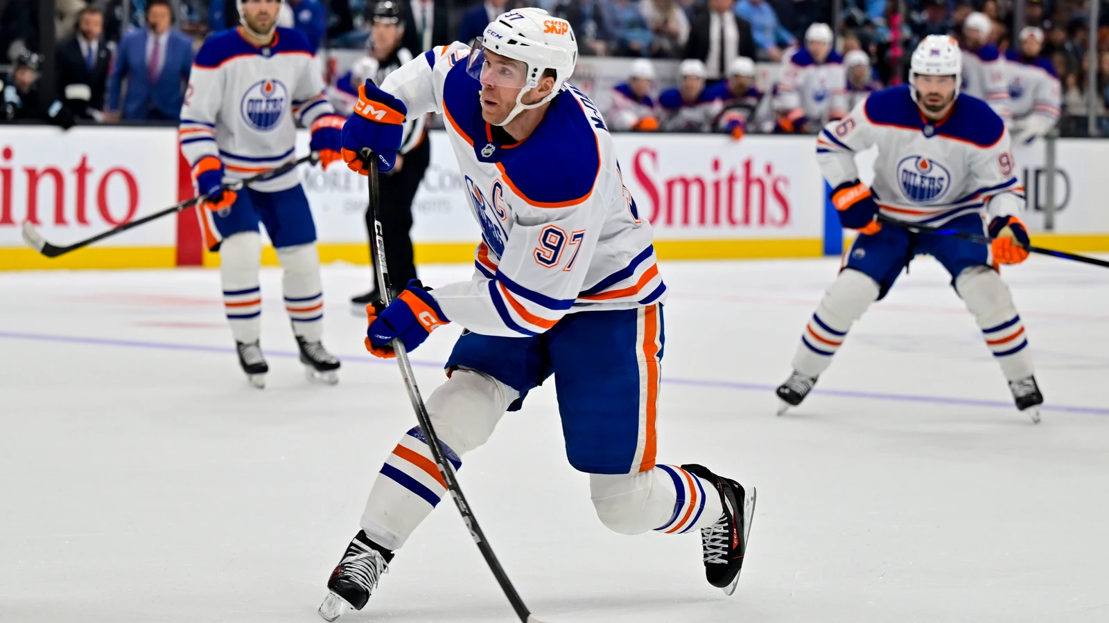 Edmonton Oilers captain Connor McDavid shoots the puck against the Utah Mammoth at Delta Center.