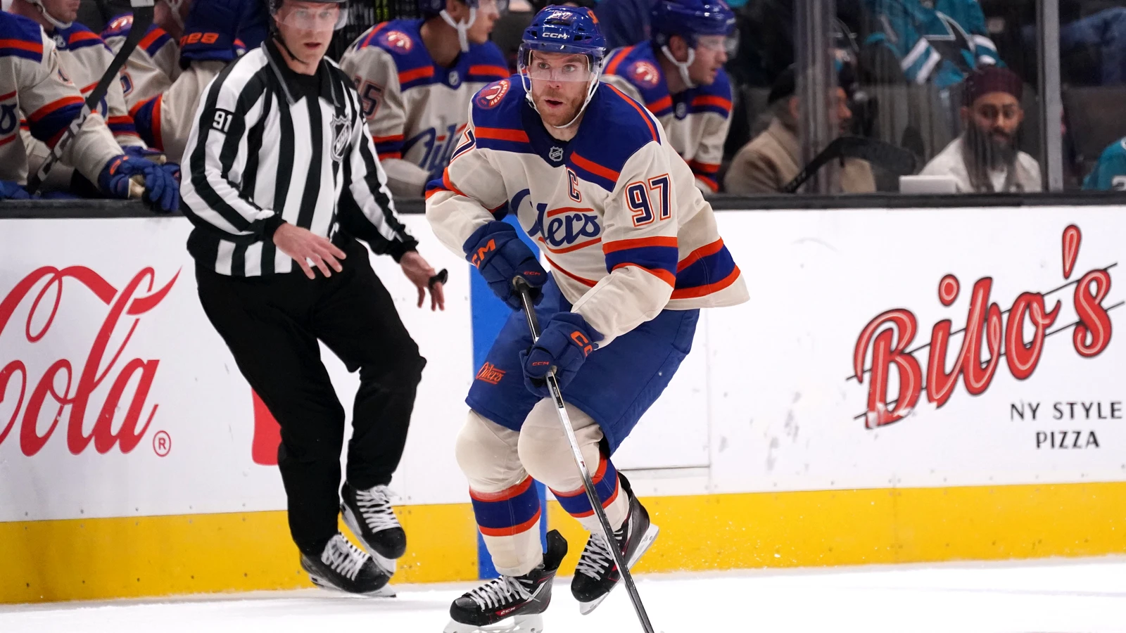 File photo: Edmonton Oilers centre Connor McDavid advances the puck against the San Jose Sharks at SAP Center.