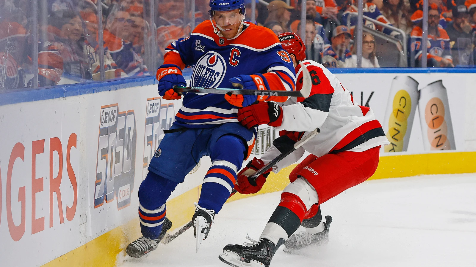 File photo: Edmonton Oilers captain Connor McDavid battles for the puck against Carolina at Rogers Place.