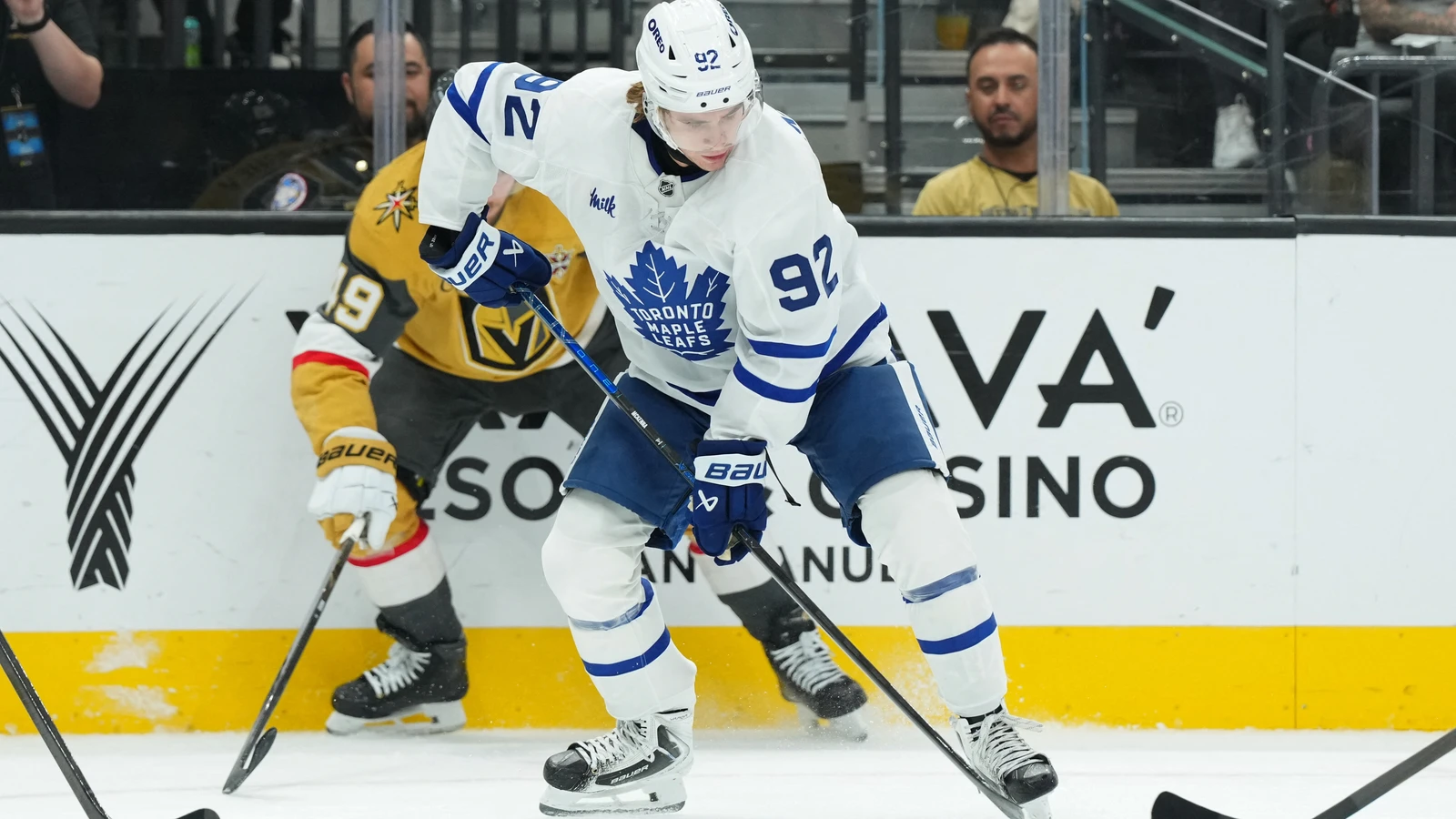 File photo: Toronto Maple Leafs forward Gavin McKenna controls the puck against the Vegas Golden Knights.