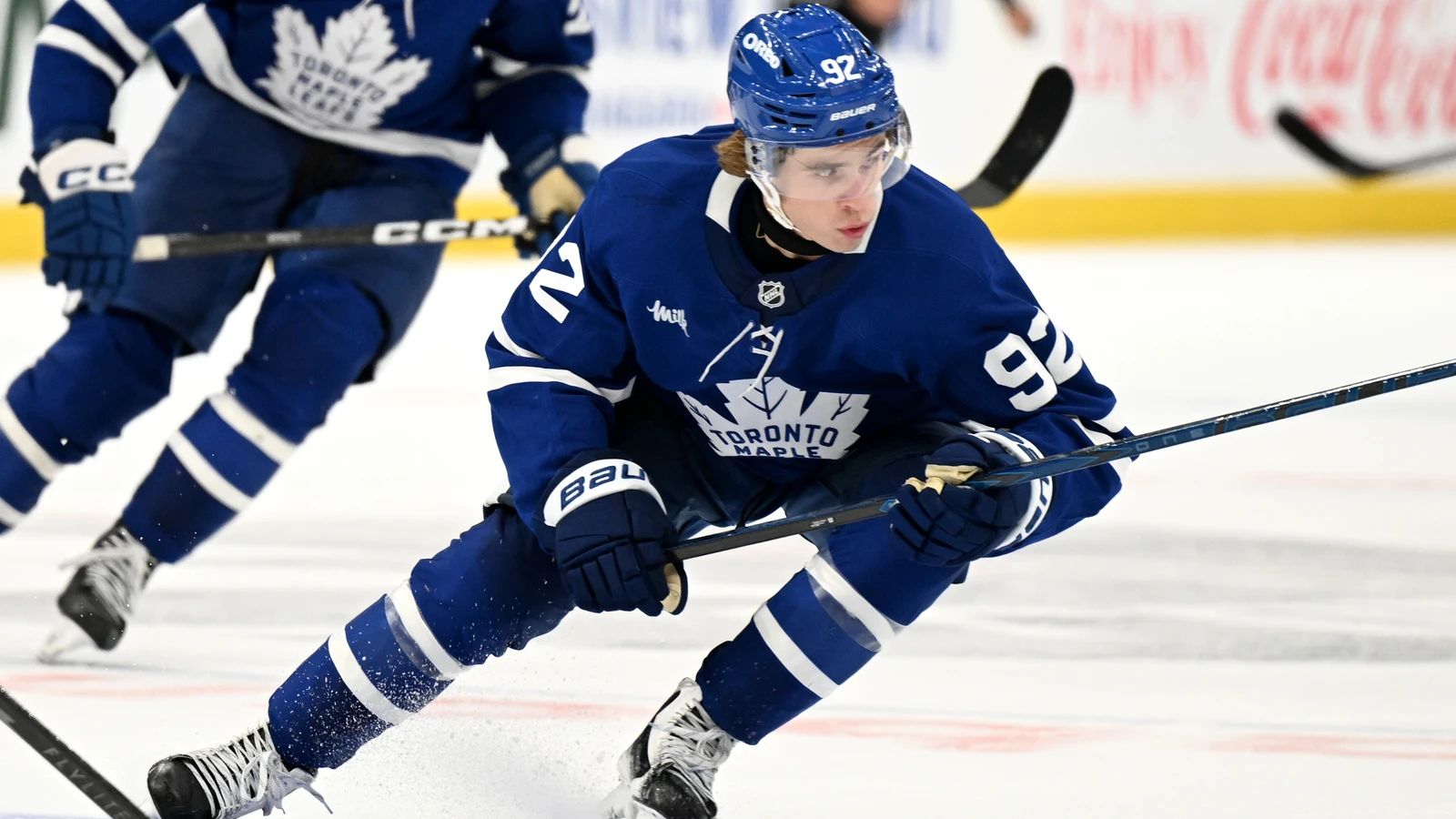 Toronto Maple Leafs forward Gavin McKenna (92) skates against the Montreal Canadiens at Scotiabank Arena on Sept. 29, 2026.