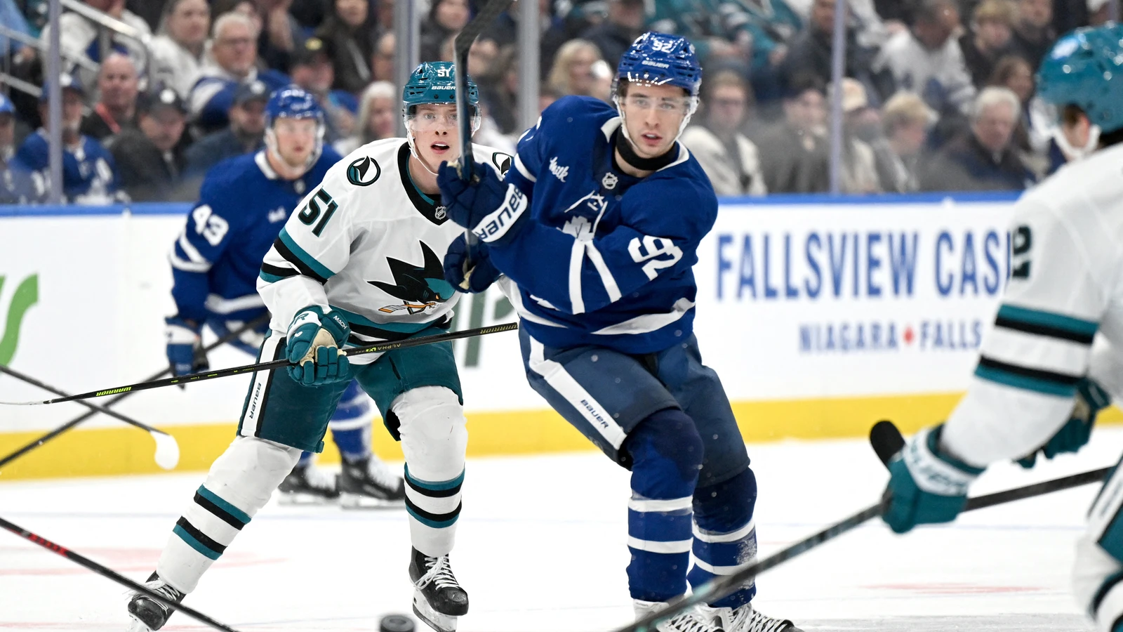 Toronto Maple Leafs forward Gavin McKenna shoots the puck against the San Jose Sharks at Scotiabank Arena.