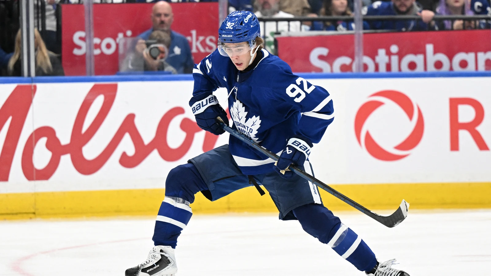 File photo: Gavin McKenna stretches to control a pass for the Toronto Maple Leafs against the Ottawa Senators at Scotiabank Arena on September 23, 2026.