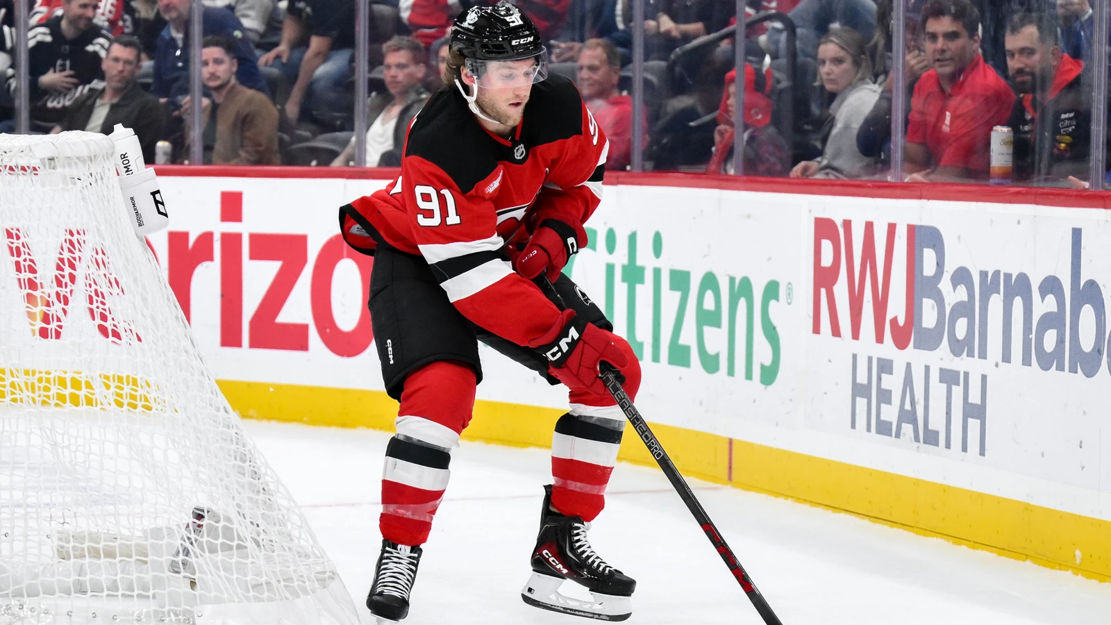 File photo: Dawson Mercer controls the puck for the New Jersey Devils against the New York Rangers at Prudential Center.