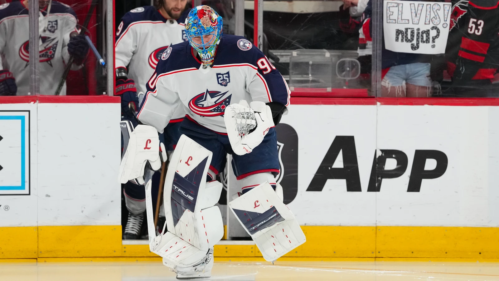Elvis Merzlikins skates onto the ice for Columbus in Raleigh on April 2, 2026. File photo.