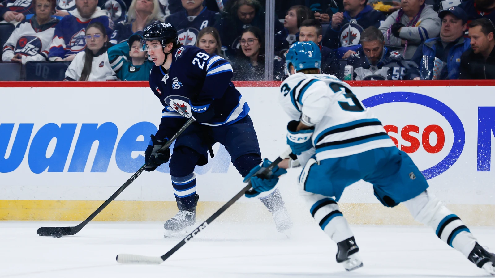 Brayden Yager looks to pass for the Winnipeg Jets against the San Jose Sharks on April 16, 2026. File photo.