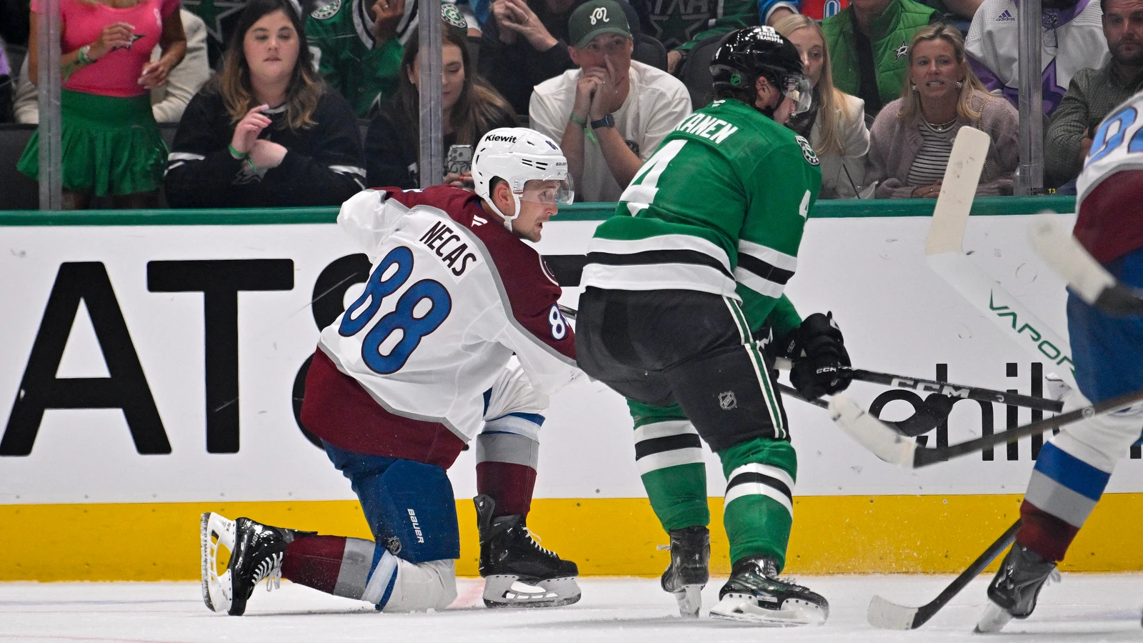 Martin Necas scores a power-play goal with Miro Heiskanen defending at American Airlines Center.