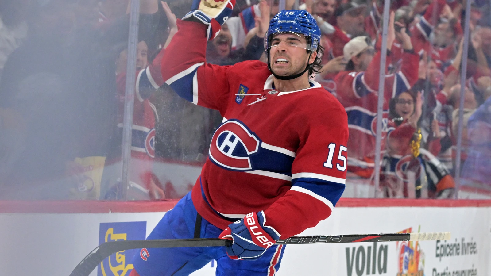 Alex Newhook celebrates his goal for the Montreal Canadiens against the Nashville Predators at Bell Centre.