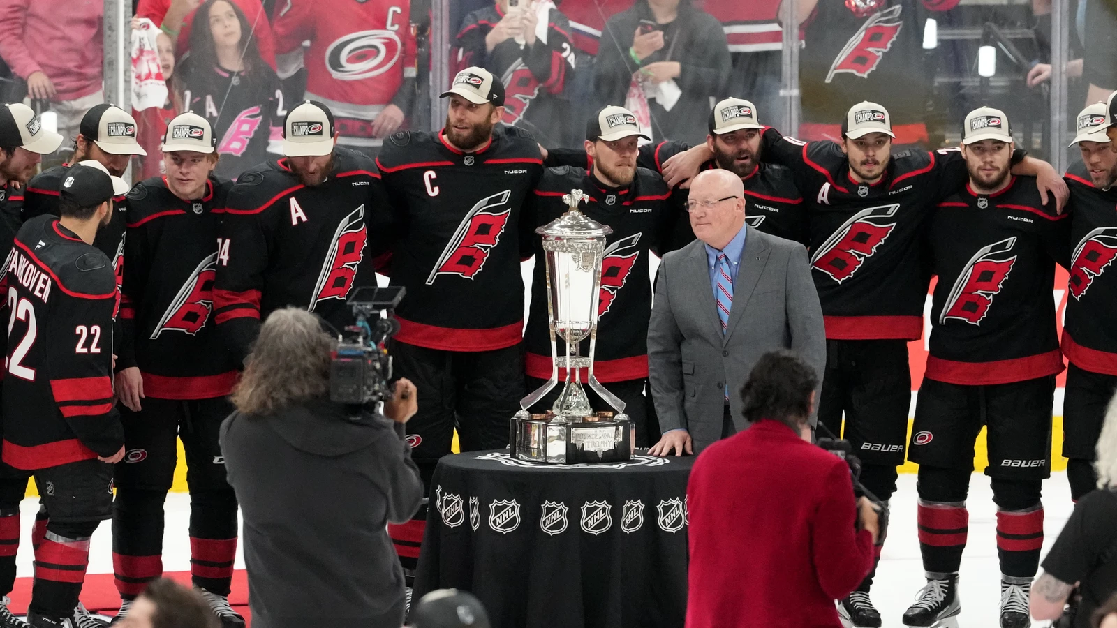 NHL Deputy Commissioner Bill Daly poses with the Carolina Hurricanes and the Prince of Wales Trophy on May 29, 2026. File photo.