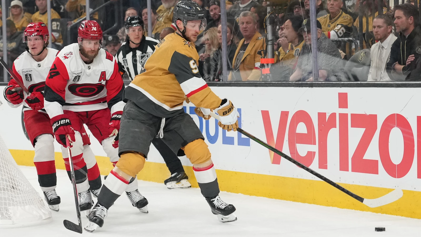 Jack Eichel looks to pass against Jaccob Slavin during the Stanley Cup Final in Las Vegas on June 9, 2026. File photo.