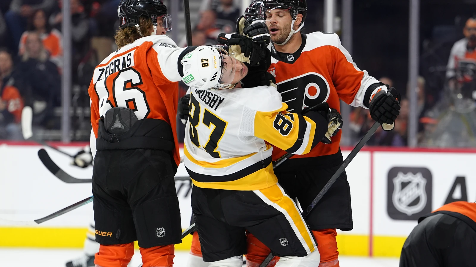 Sidney Crosby battles Trevor Zegras during Game 6 of the 2026 first round in Philadelphia. File photo.