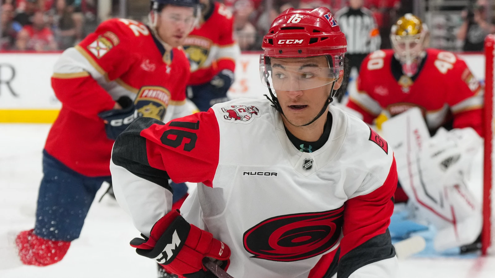 File photo: Ryan Suzuki skates with the puck for the Carolina Hurricanes against the Florida Panthers at Lenovo Center on Sept. 24, 2025.