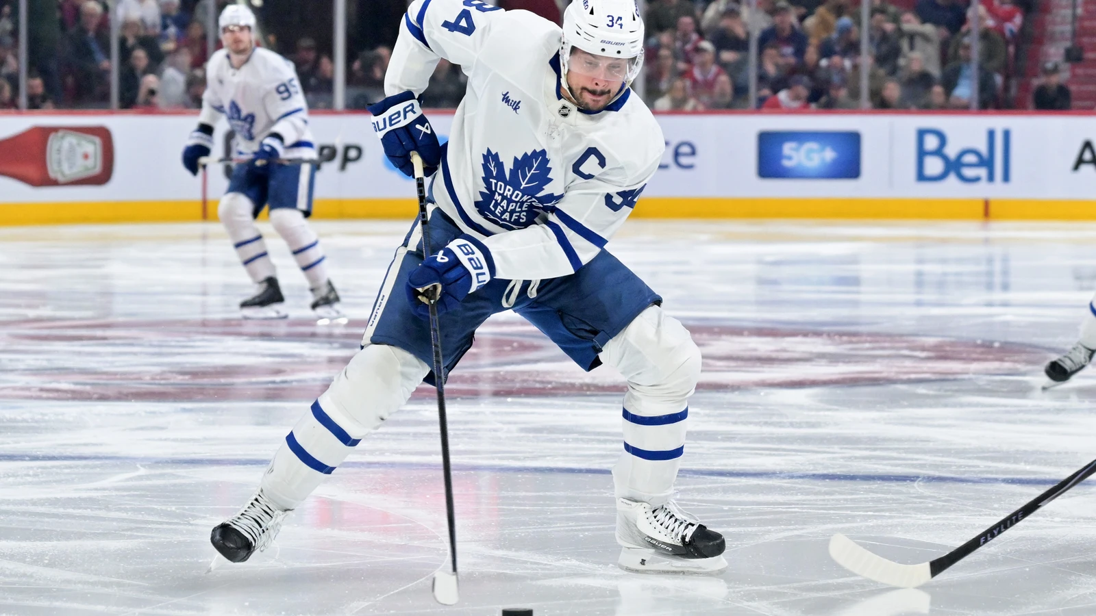 File photo: Toronto Maple Leafs forward Auston Matthews (34) plays the puck against Montreal during a Mar. 10, 2026 game at the Bell Centre.