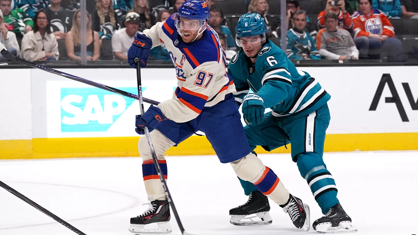 Edmonton Oilers centre Connor McDavid takes a shot against the San Jose Sharks at SAP Center on Oct. 10, 2026.