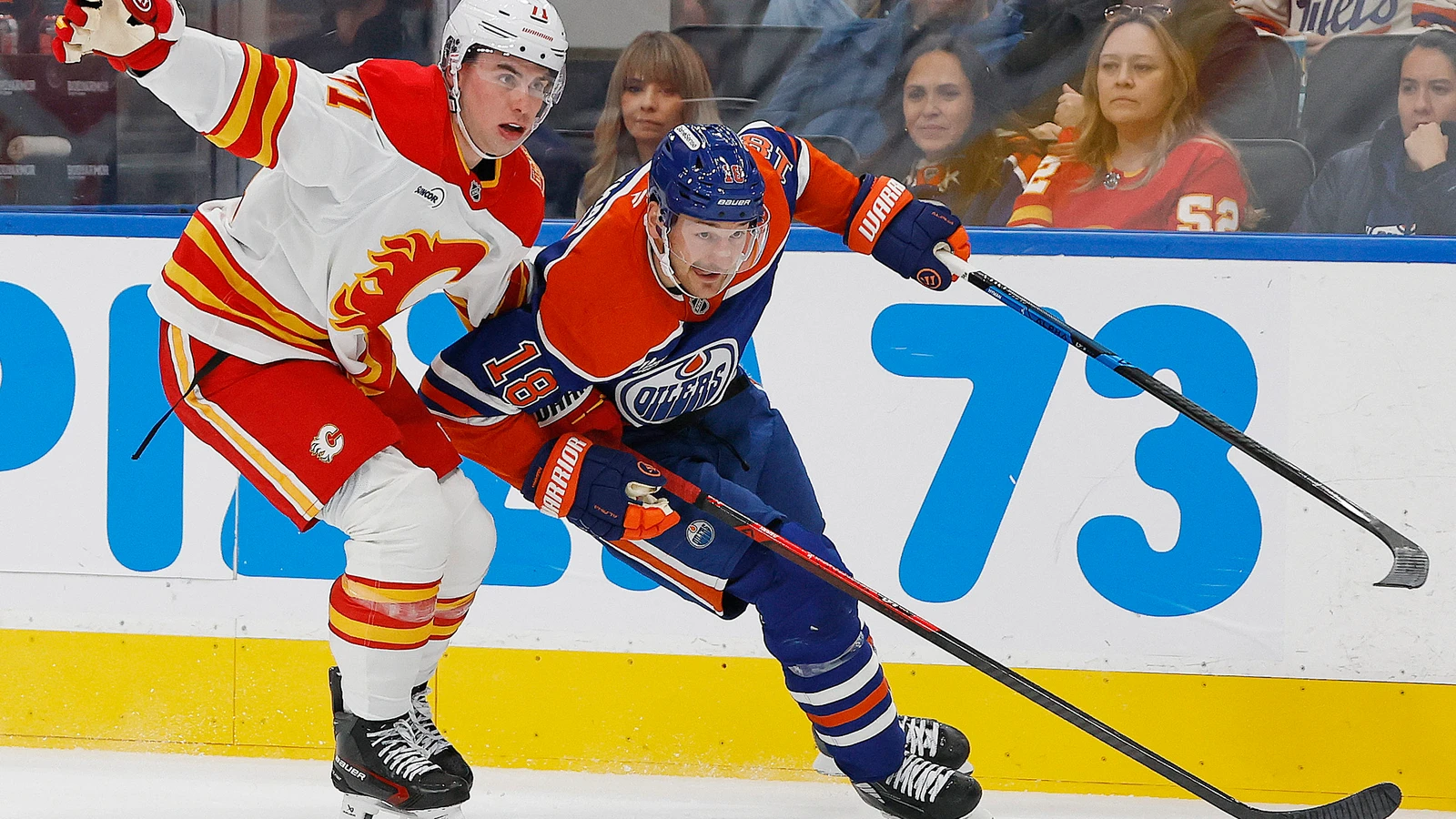 File photo: Edmonton Oilers forward Zach Hyman chases the puck during a game against the Calgary Flames.