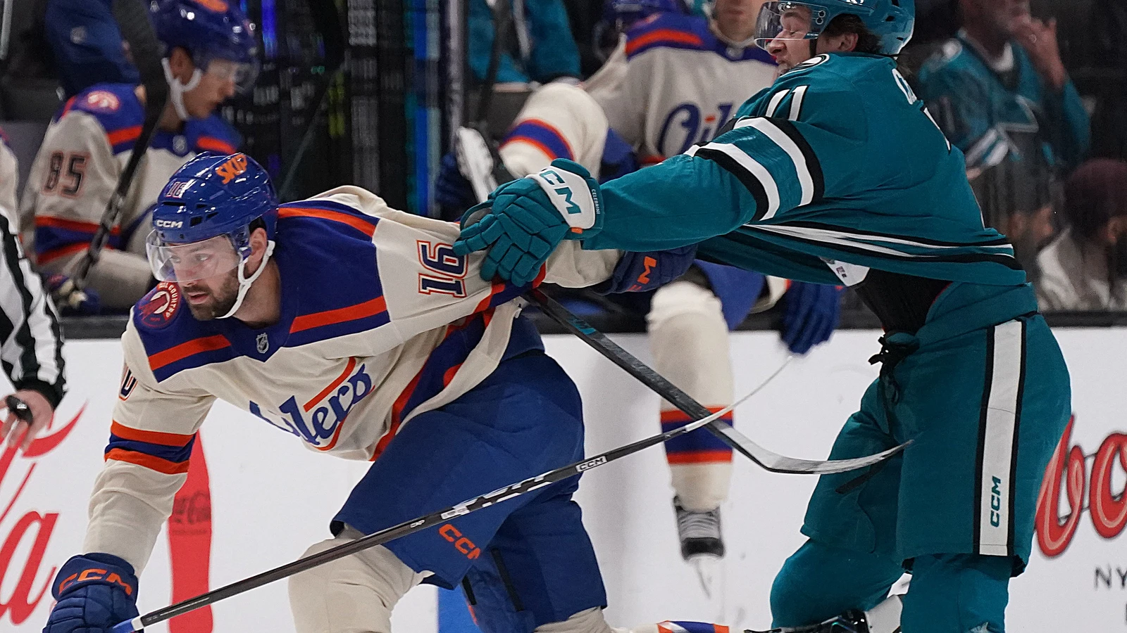 File photo: Edmonton Oilers centre Jason Dickinson battles San Jose Sharks centre Macklin Celebrini for the puck in San Jose.