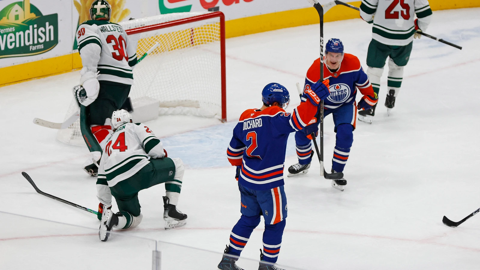 File photo: Edmonton Oilers players celebrate an overtime goal against the Minnesota Wild at Rogers Place.