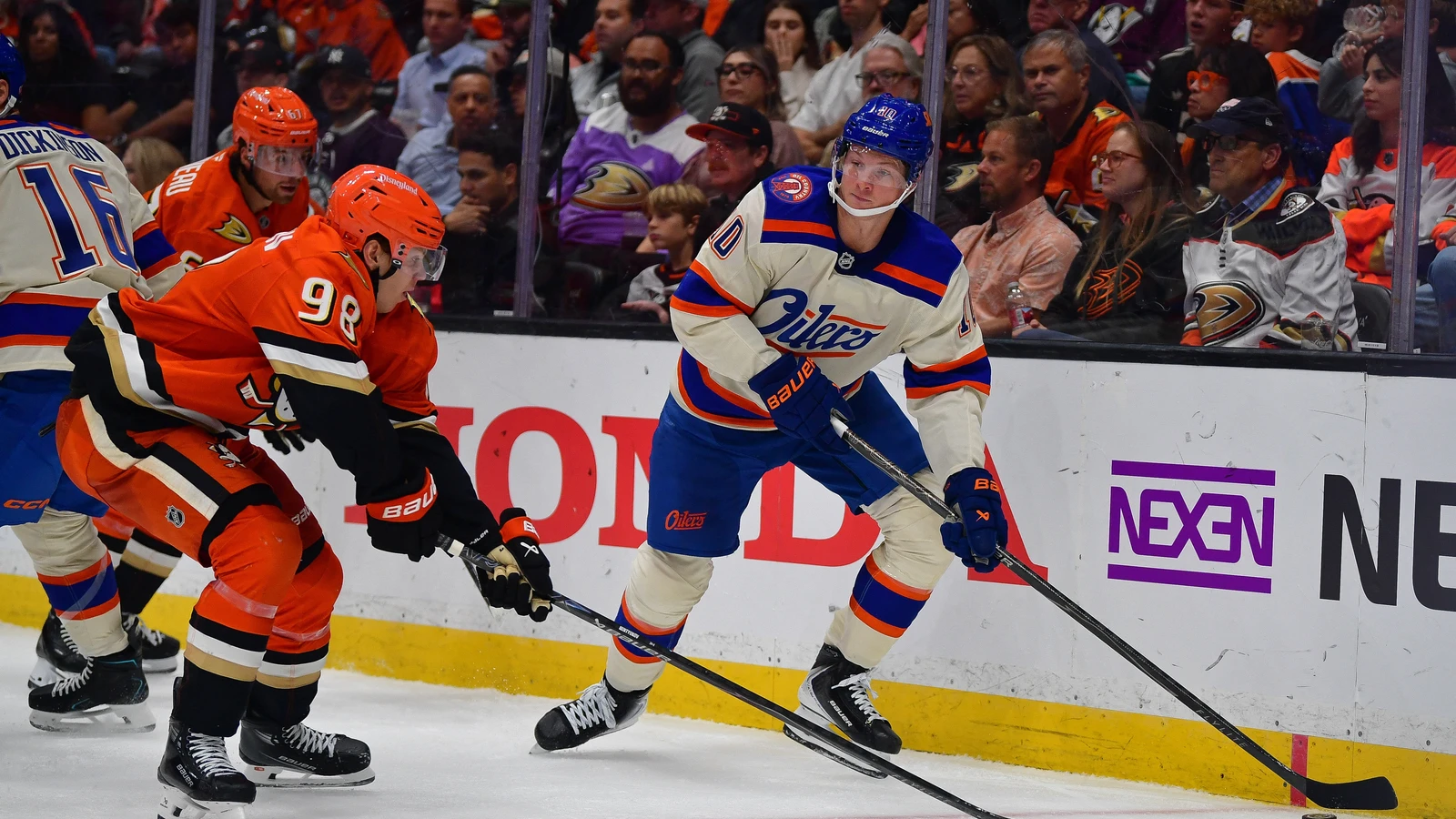 File photo: Edmonton Oilers forward Trent Frederic controls the puck along the boards against the Anaheim Ducks at Honda Center.