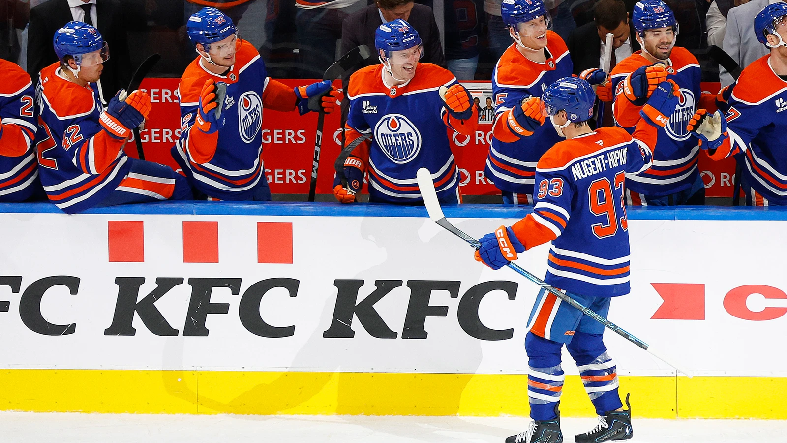 Edmonton Oilers forward Ryan Nugent-Hopkins celebrates with teammates after scoring in the shootout against the Carolina Hurricanes.