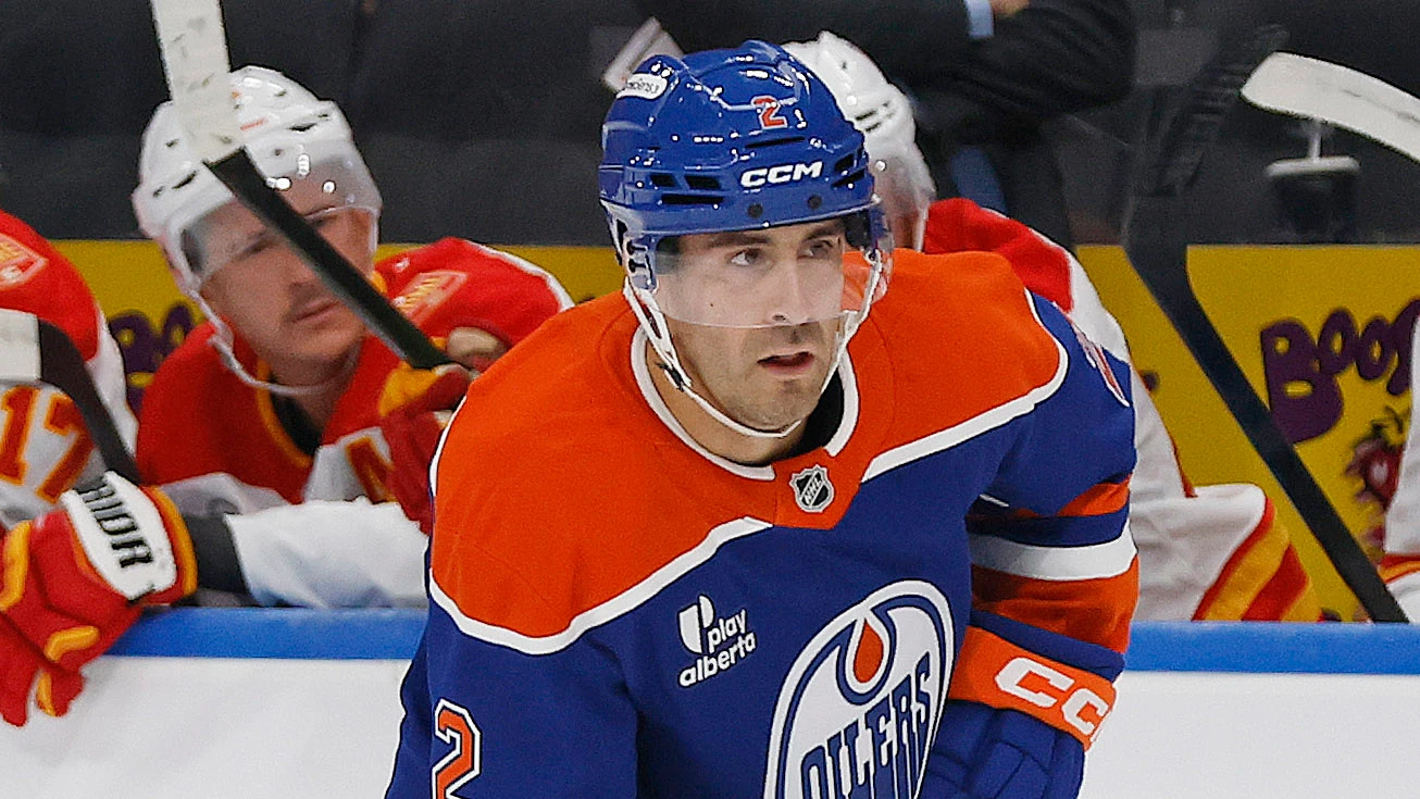 File photo: Edmonton Oilers defenceman Evan Bouchard prepares to pass against the Calgary Flames at Rogers Place on September 26, 2026.