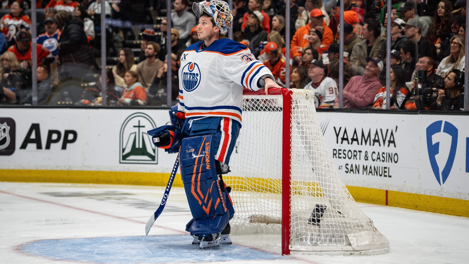 File photo: Edmonton Oilers goaltender Tristan Jarry stands in his crease during a playoff game against the Anaheim Ducks at Honda Center.