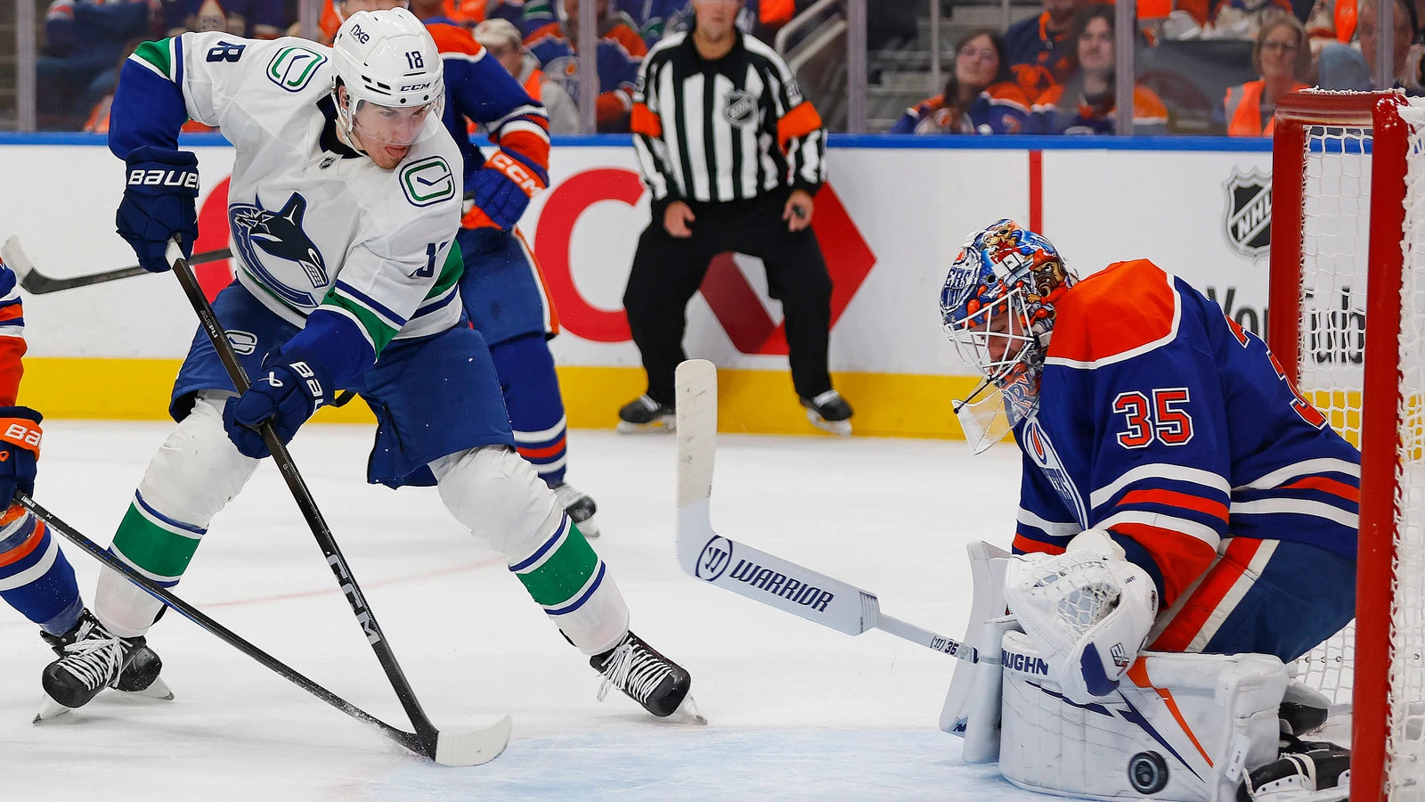 File photo: Edmonton Oilers goaltender Tristan Jarry makes a save against the Vancouver Canucks at Rogers Place.