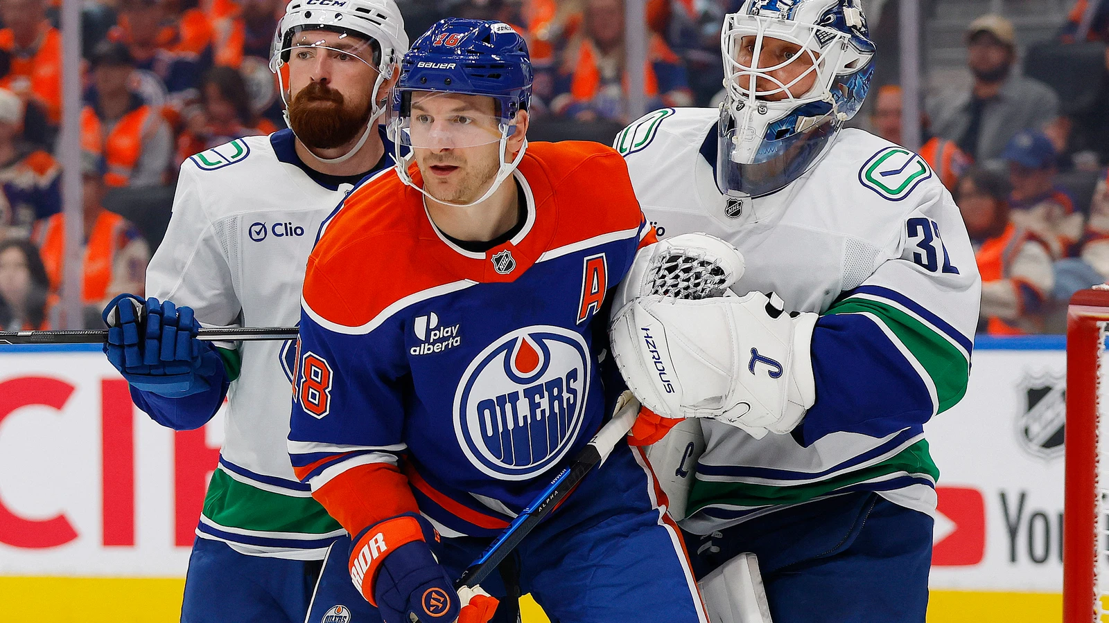 File photo: Edmonton Oilers forward Zach Hyman (18) screens Vancouver’s goaltender at Rogers Place on Sept. 29, 2026.