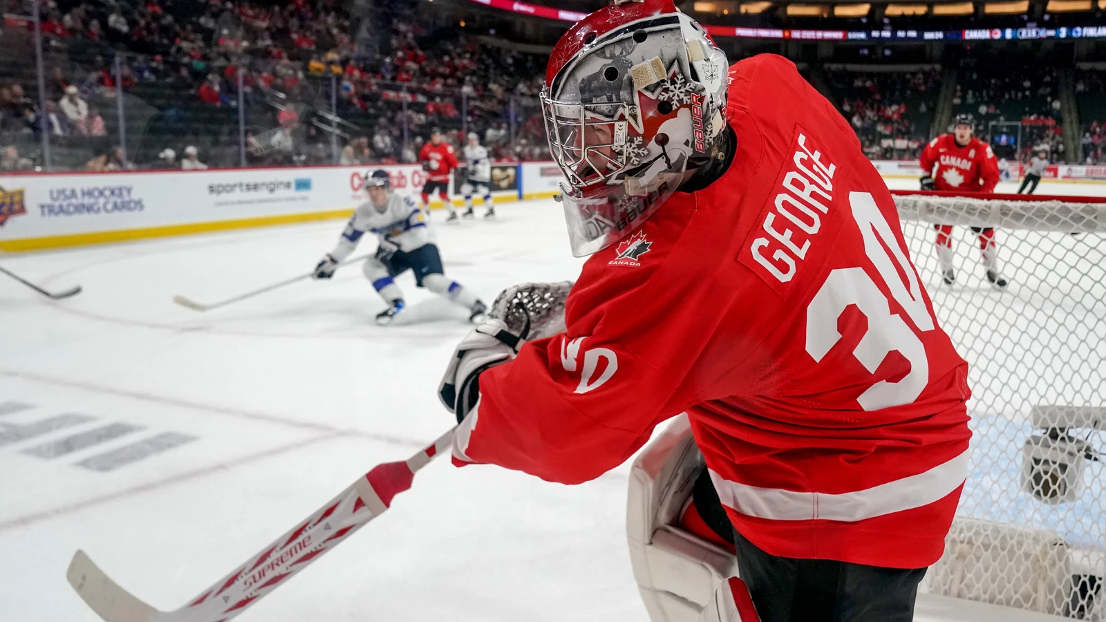 Carter George handles the puck for Canada during the 2026 World Junior Championship bronze-medal game. File photo.
