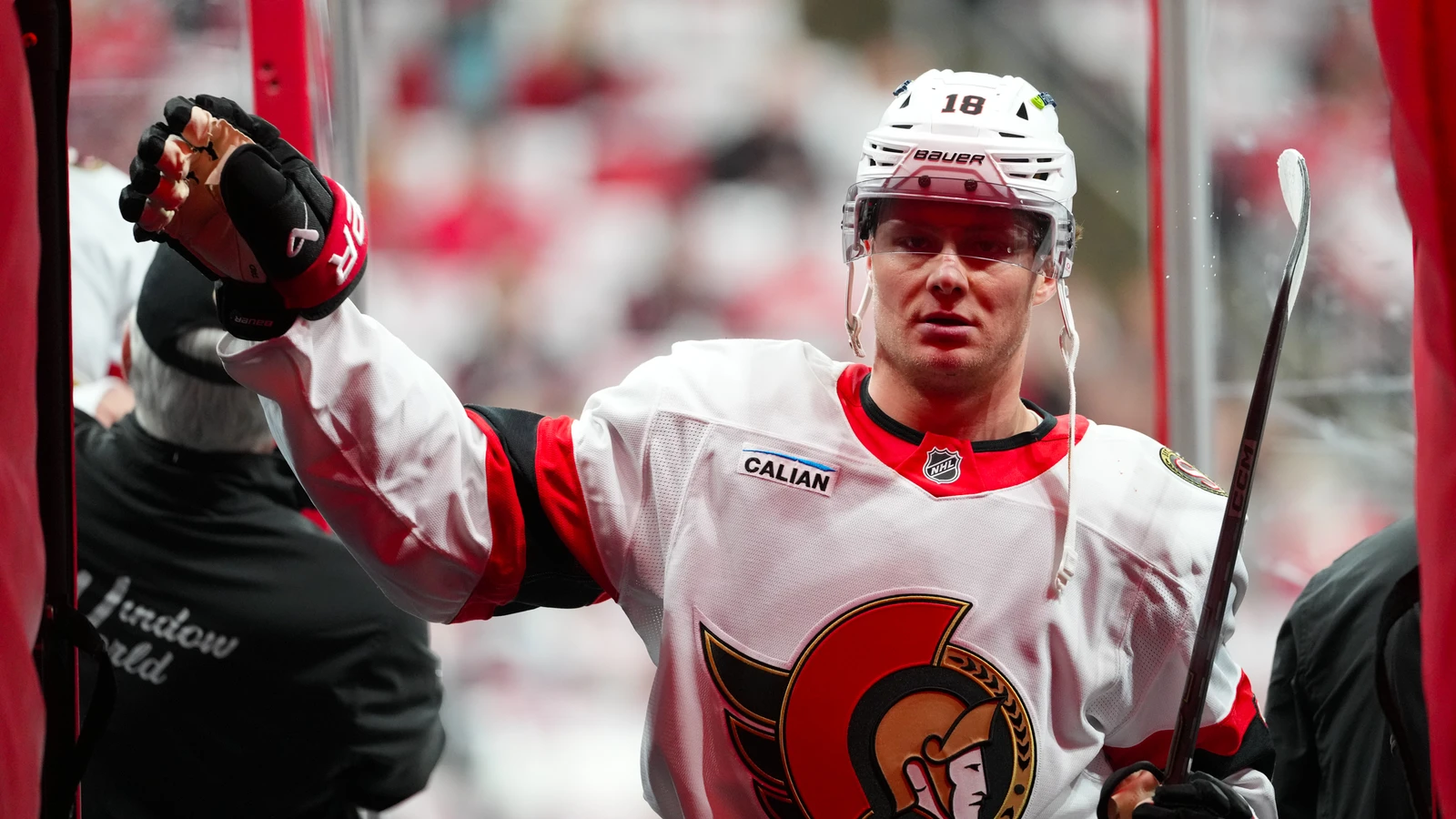 Tim Stutzle leaves the ice after warmups before Ottawa's playoff game at Carolina on April 20, 2026. File photo.