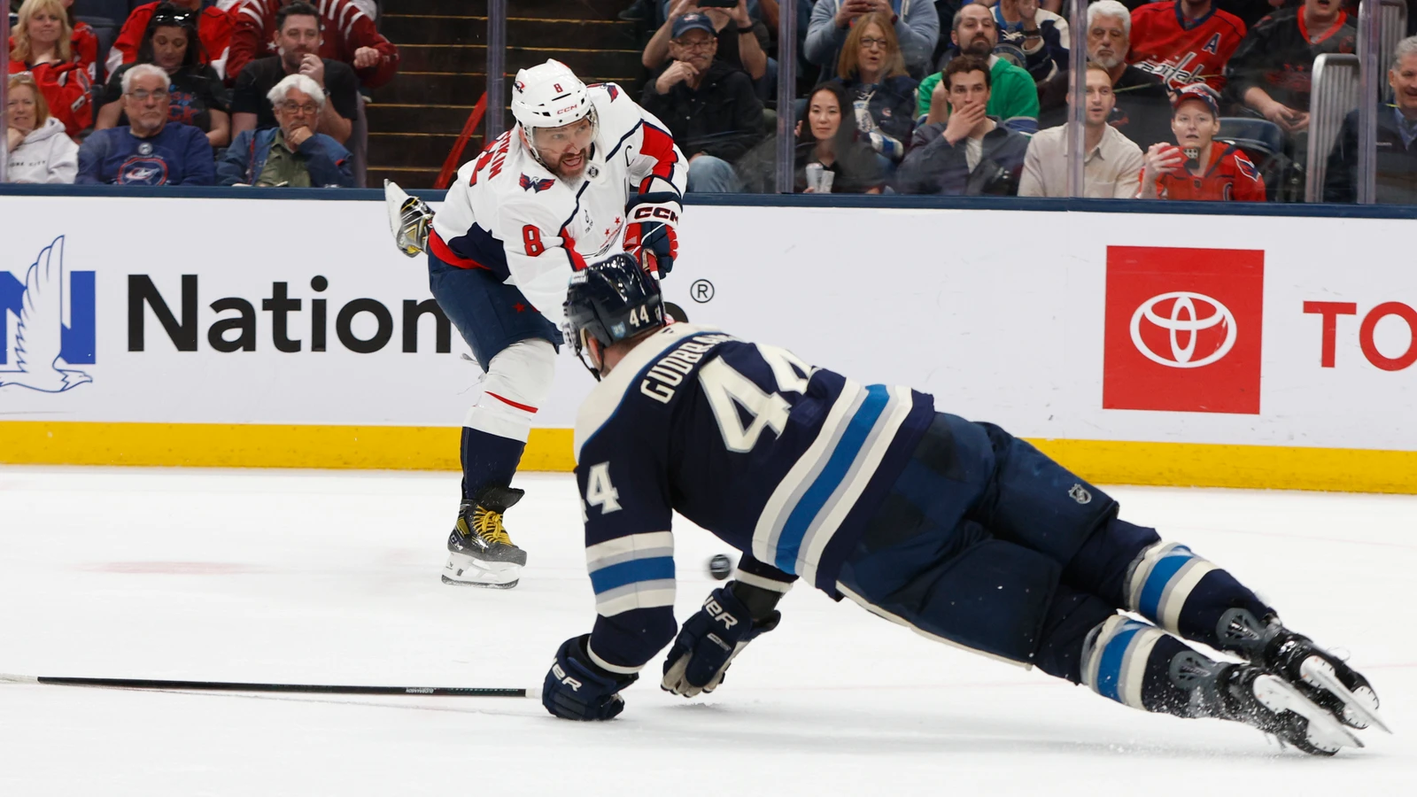 File photo: Washington Capitals captain Alex Ovechkin shoots as a Columbus defender attempts to block the puck at Nationwide Arena on April 14, 2026.