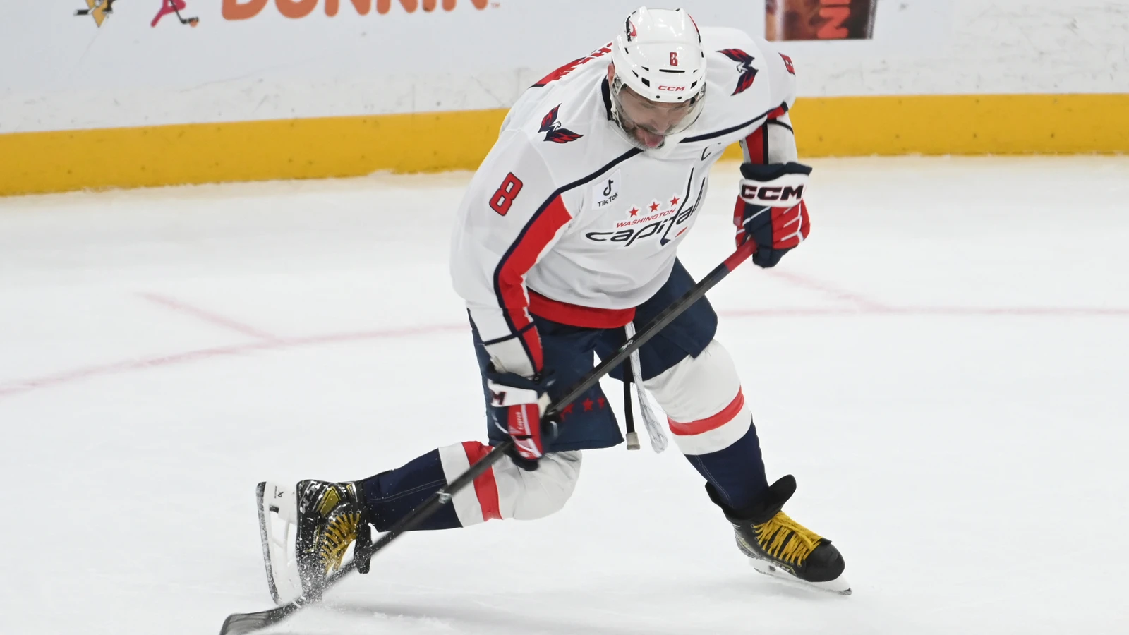Alex Ovechkin shoots the puck during an April 2026 Capitals game in Pittsburgh. File photo.