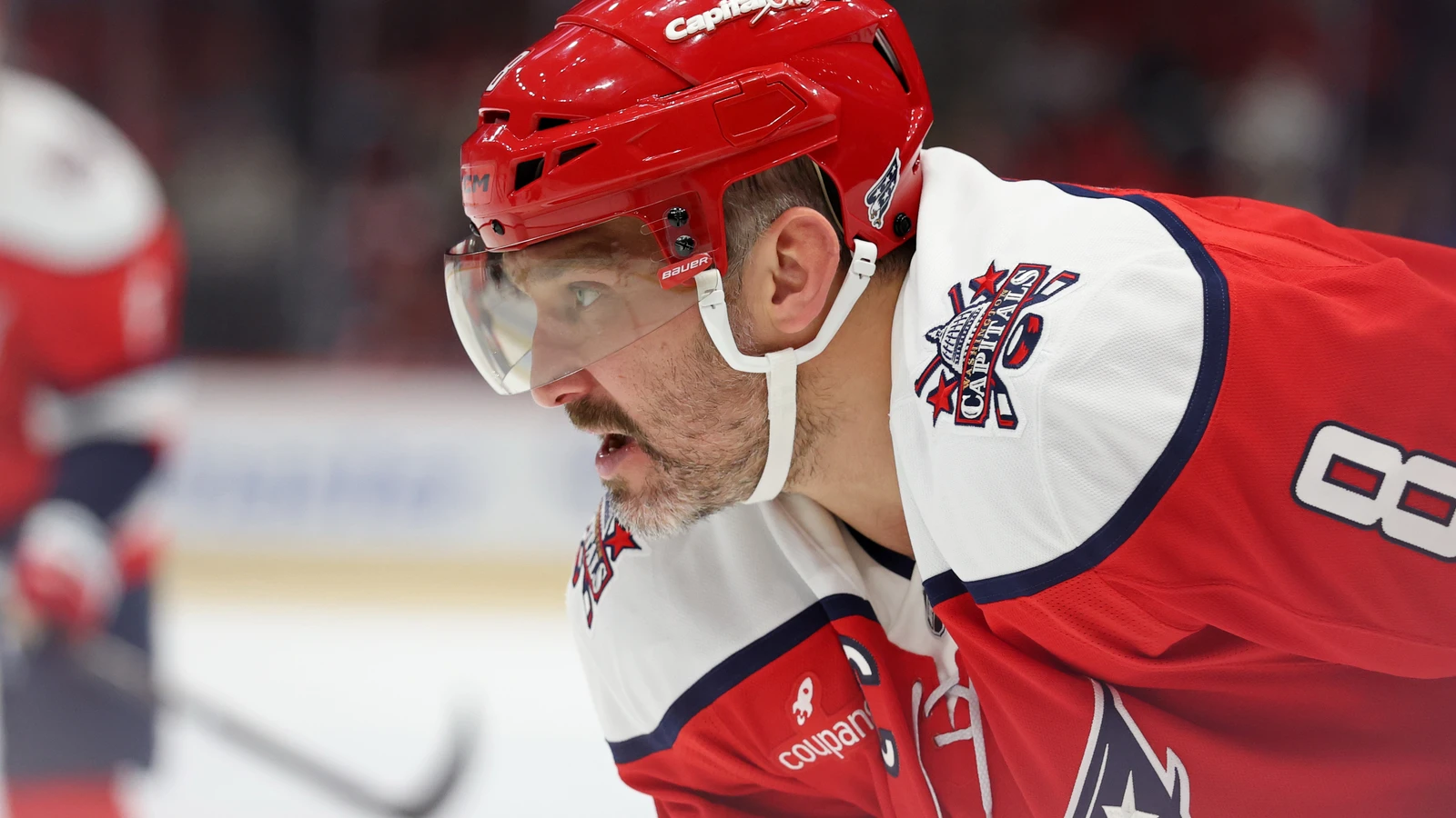 File photo: Washington Capitals forward Alex Ovechkin prepares for a face-off against the New York Rangers at Capital One Arena.