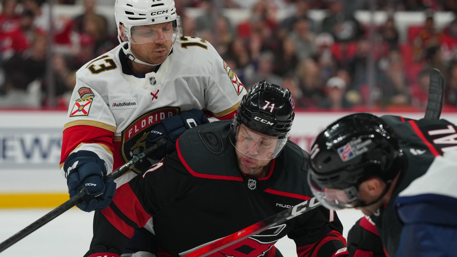 File photo: Florida Panthers centre Sam Reinhart (13) battles an opponent during a game against the Carolina Hurricanes at Lenovo Center on September 29, 2026.