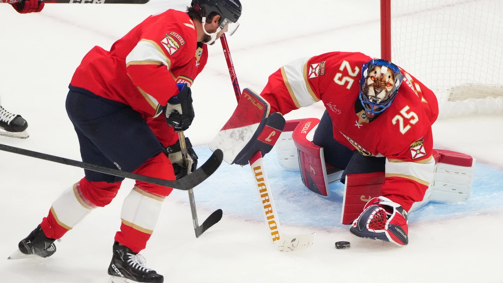 File photo: Florida Panthers goaltender Jacob Markstrom makes a save against the Carolina Hurricanes at Amerant Bank Arena.
