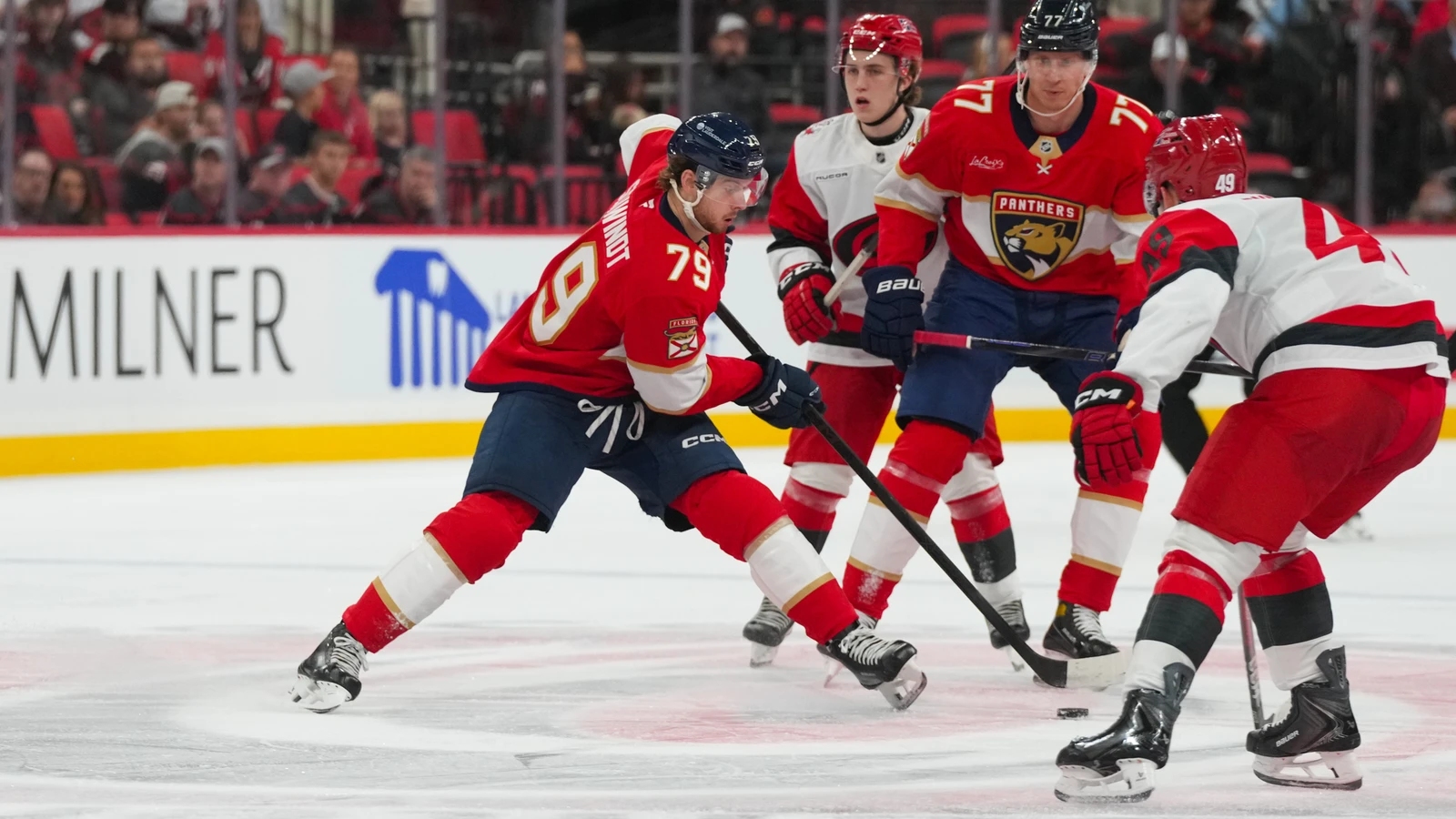 File photo: Florida Panthers forward Cole Schwindt skates with the puck against the Carolina Hurricanes.