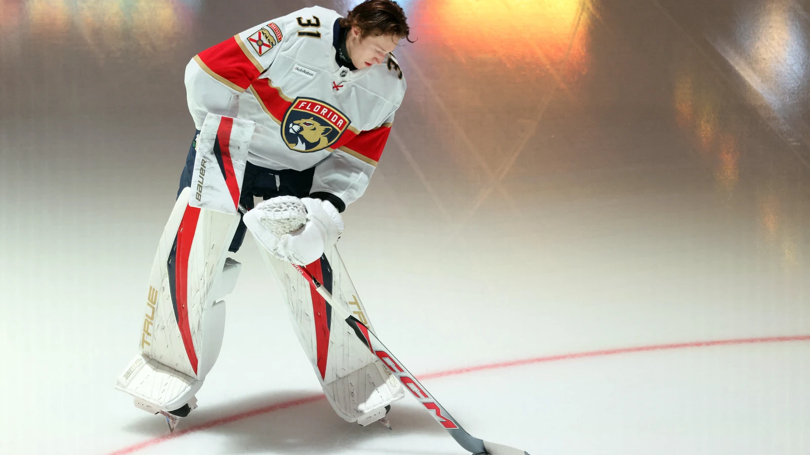 Florida Panthers goaltender Cooper Black skates with the puck during his rookie lap before his NHL debut in Pittsburgh.
