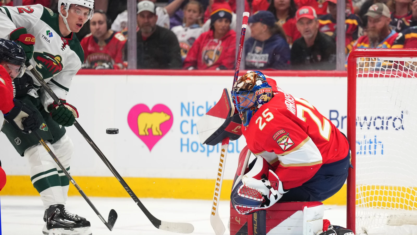 File photo: Florida Panthers goaltender Jacob Markstrom tracks the puck in front of his crease against the Minnesota Wild.
