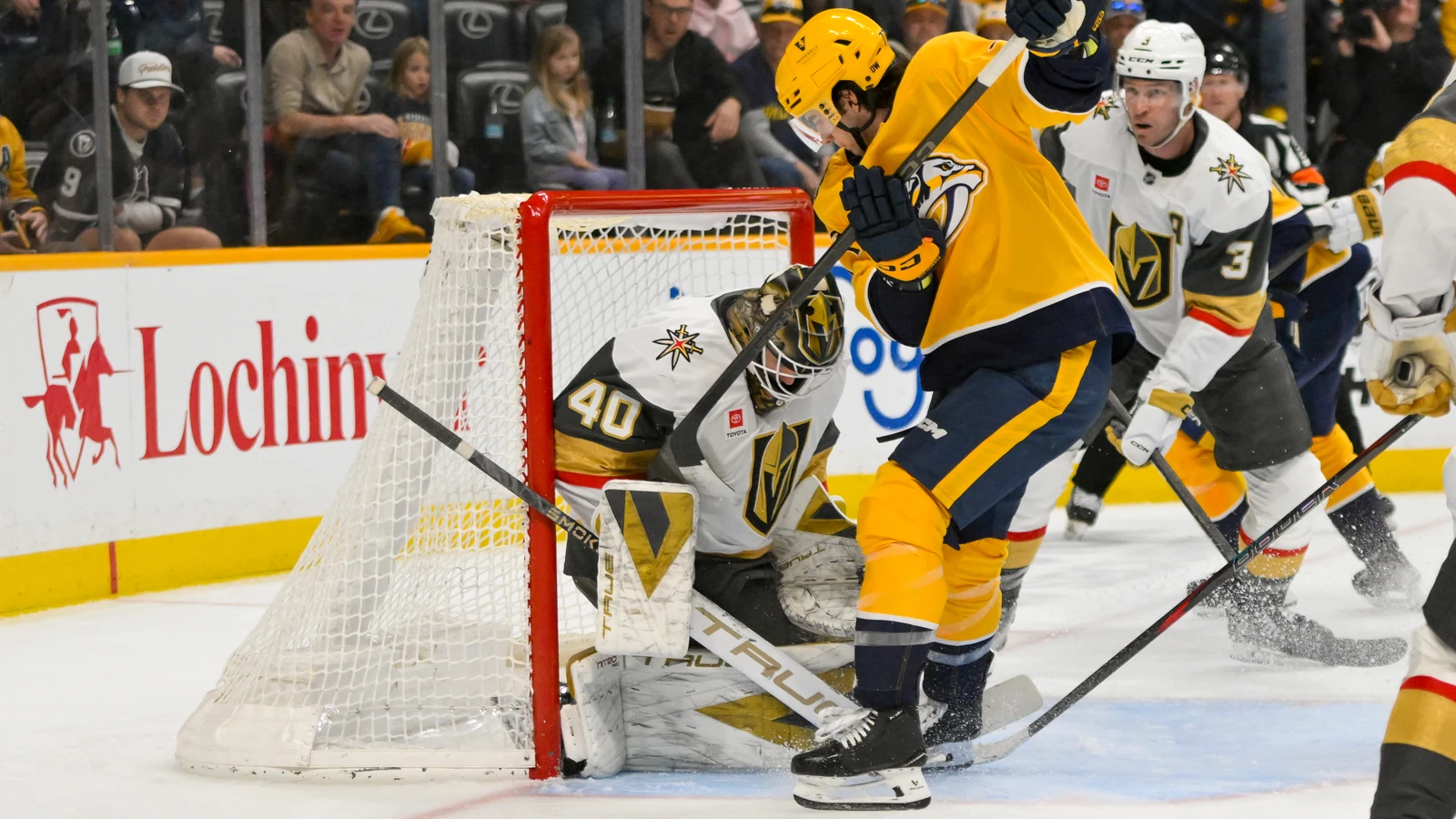 Akira Schmid makes a save for Vegas against Nashville on March 21, 2026. File photo.