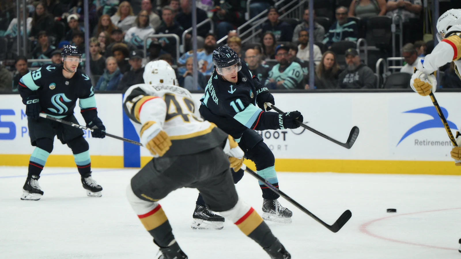 File photo: Seattle Kraken forward Mackie Samoskevich shoots the puck against the Vegas Golden Knights at Climate Pledge Arena.