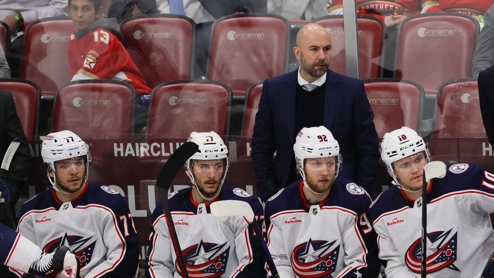 Pascal Vincent stands behind the Columbus Blue Jackets bench during an April 2024 game. File photo.