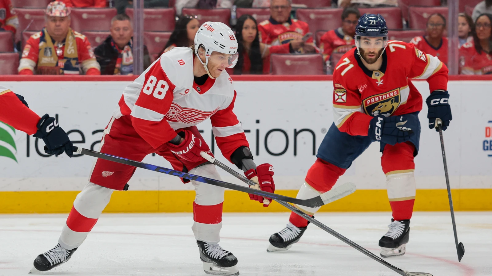 Patrick Kane moves the puck for Detroit against Florida on April 15, 2026, before his return to Chicago. File photo.