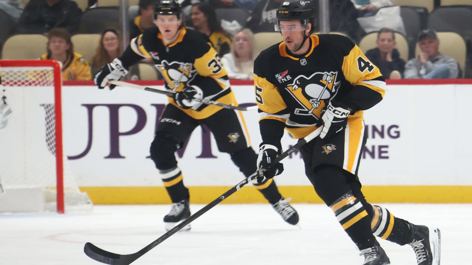 File photo: Pittsburgh Penguins defenceman Harrison Brunicke skates with the puck against the Buffalo Sabres during a Sept. 21, 2026 preseason game.