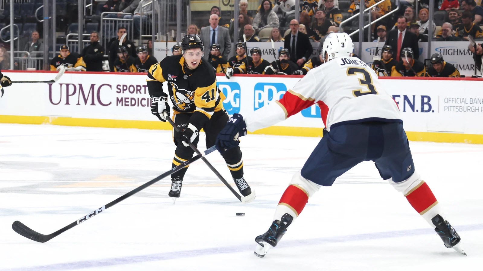 File photo: A Pittsburgh Penguins skater carries the puck against the Florida Panthers at PPG Paints Arena.