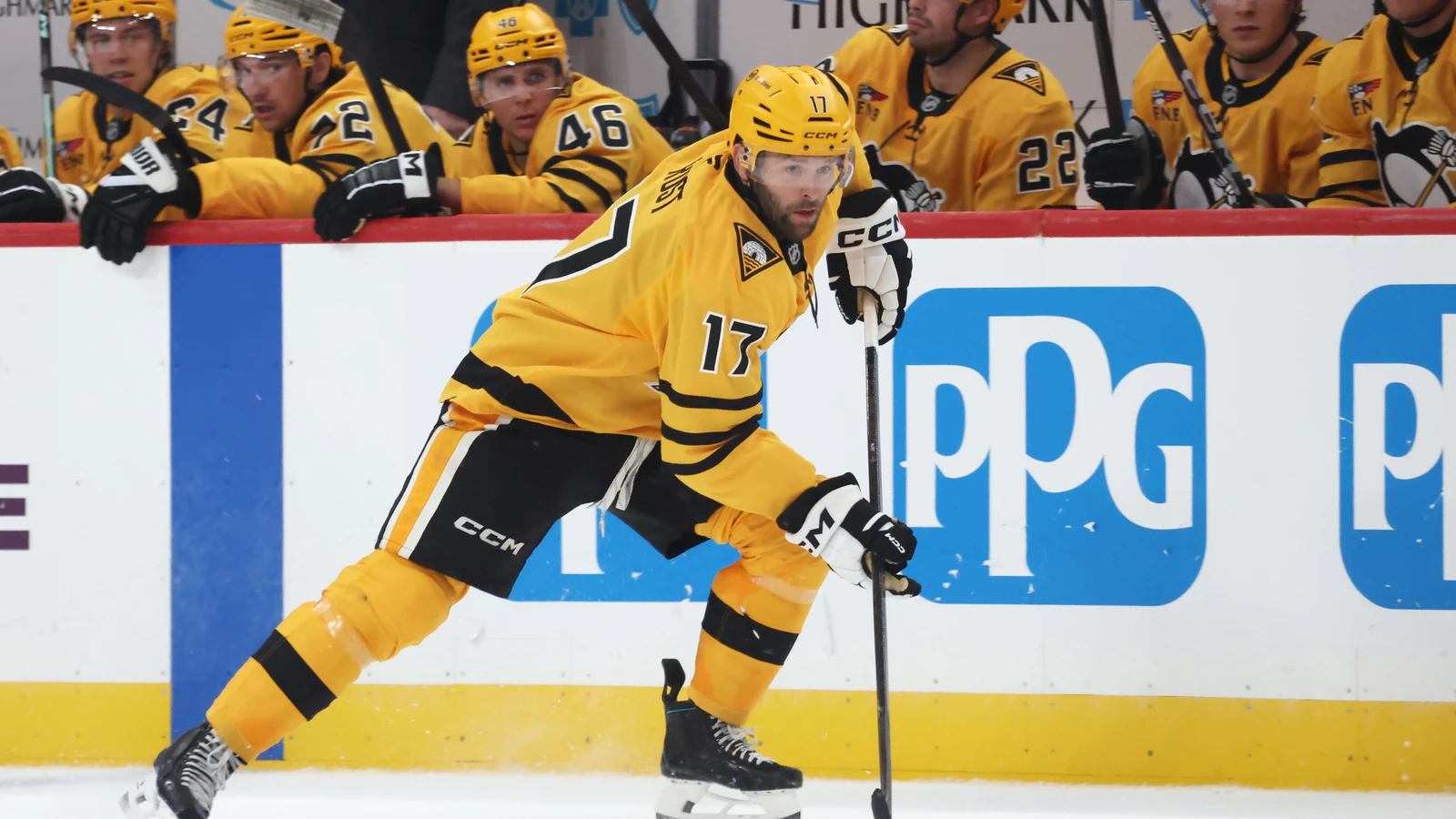 File photo: Pittsburgh Penguins winger Bryan Rust skates with the puck against the Dallas Stars at PPG Paints Arena.