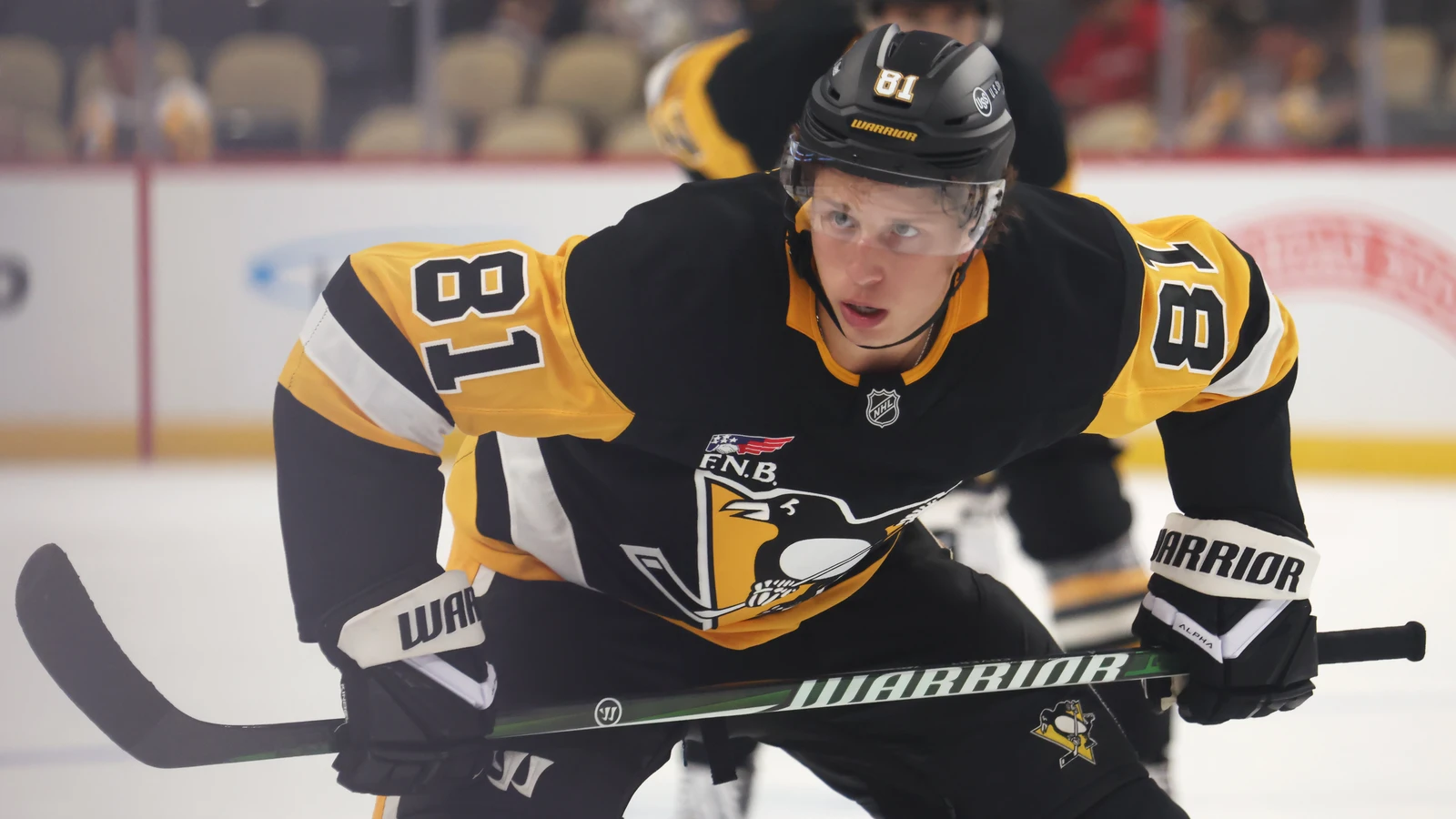 File photo: Pittsburgh Penguins centre Ben Kindel prepares for a faceoff against the Buffalo Sabres in the first period of a preseason game at PPG Paints Arena on Sept. 21, 2026.