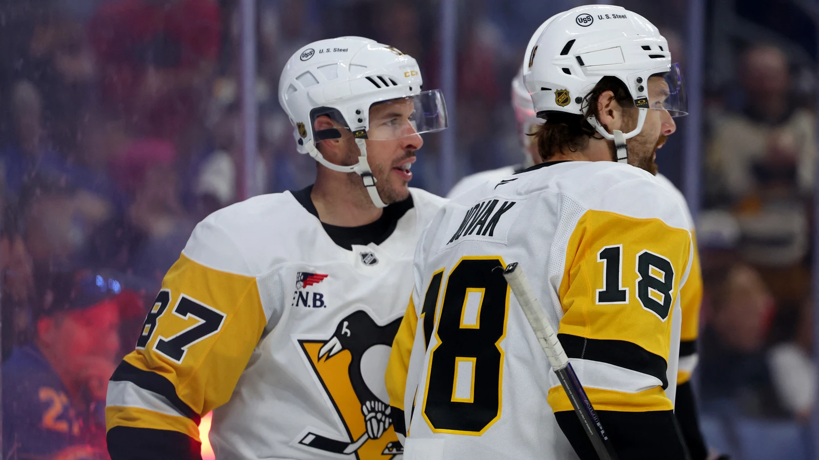 File photo: Pittsburgh Penguins centre Sidney Crosby celebrates with a teammate after scoring against the Buffalo Sabres in a Sept. 26, 2026 preseason game in Buffalo.